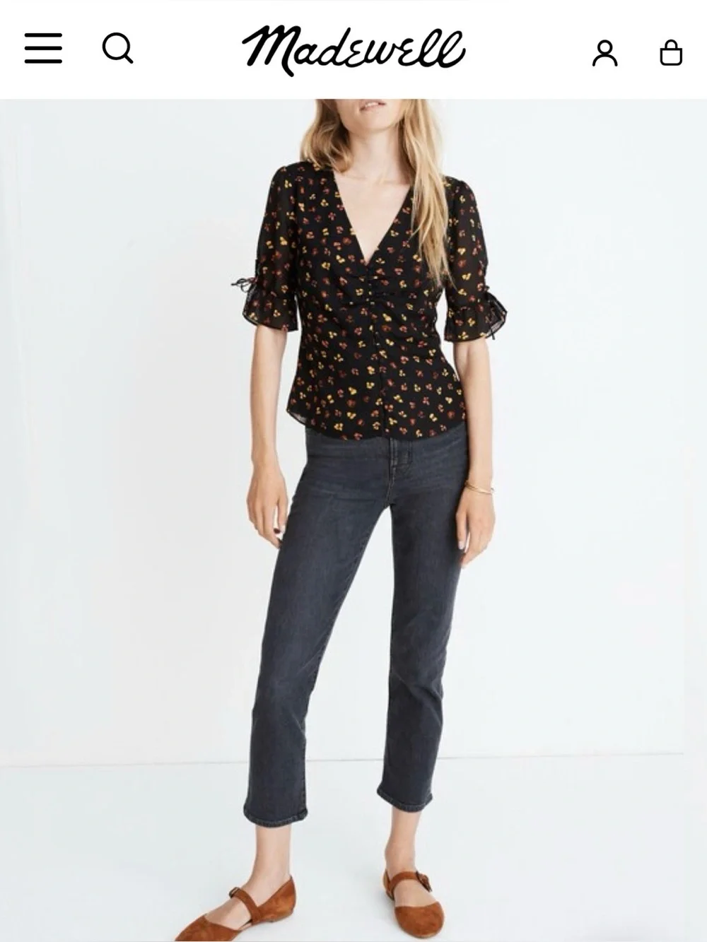Madewell Silk Black V-Neck Tie-Sleeve Floral Top Sz 4 Coquette Cottage Prairie